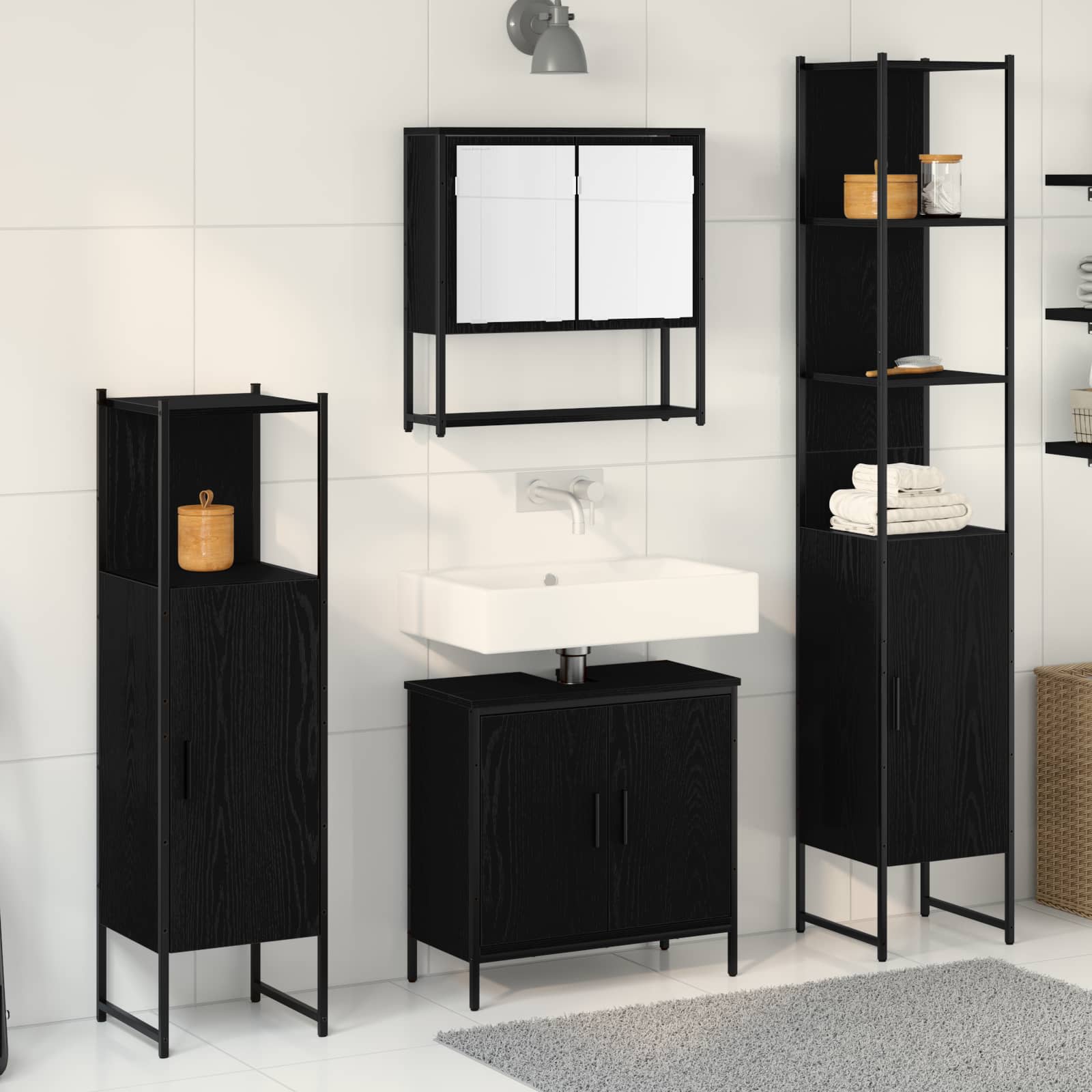 Badkamermeubelset met plank met opslag 4 pcs Zwart Bewerkt hout is nu te koop bij PeponiXL, paradijselijk wonen!