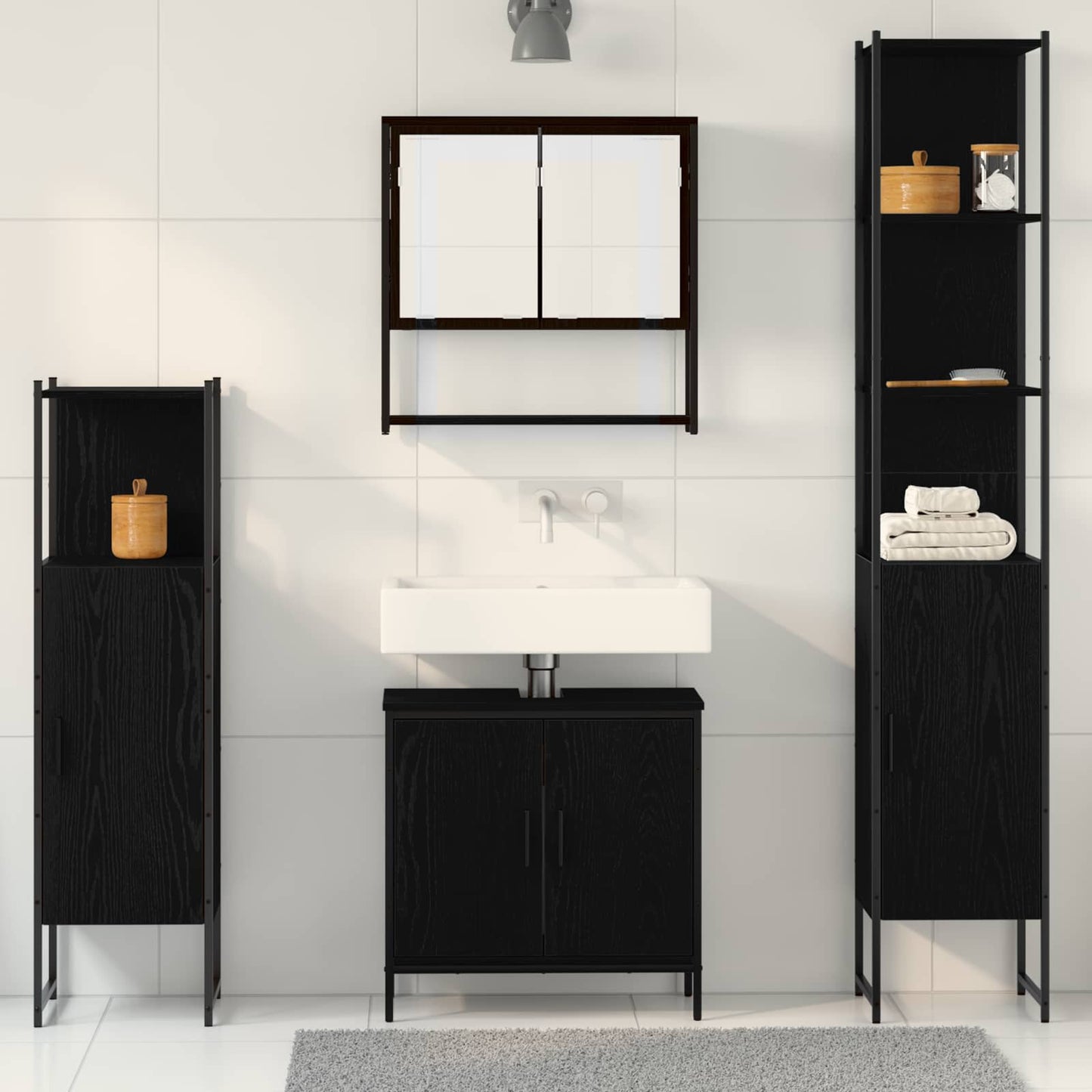 Badkamermeubelset met plank met opslag 4 pcs Zwart Bewerkt hout is nu te koop bij PeponiXL, paradijselijk wonen!