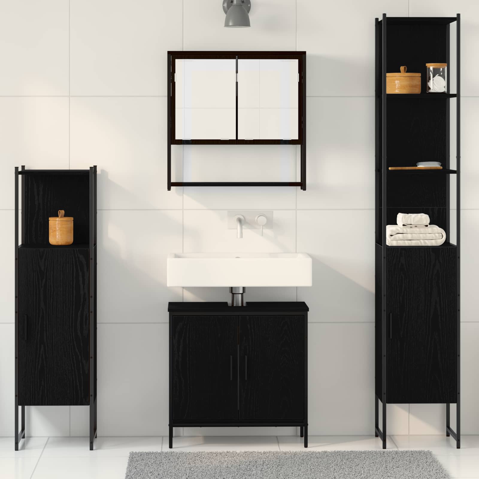 Badkamermeubelset met plank met opslag 4 pcs Zwart Bewerkt hout is nu te koop bij PeponiXL, paradijselijk wonen!