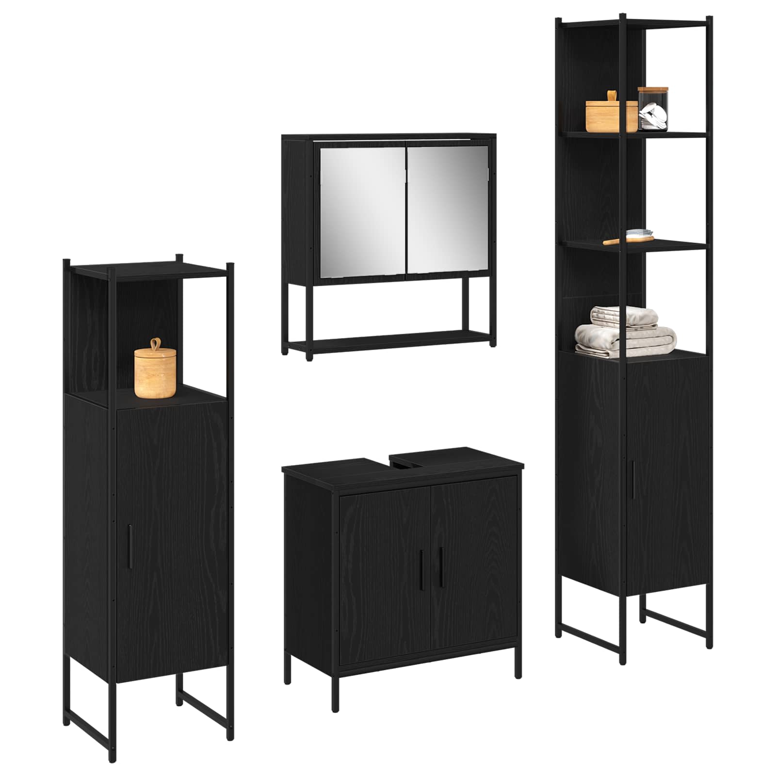 Badkamermeubelset met plank met opslag 4 pcs Zwart Bewerkt hout is nu te koop bij PeponiXL, paradijselijk wonen!