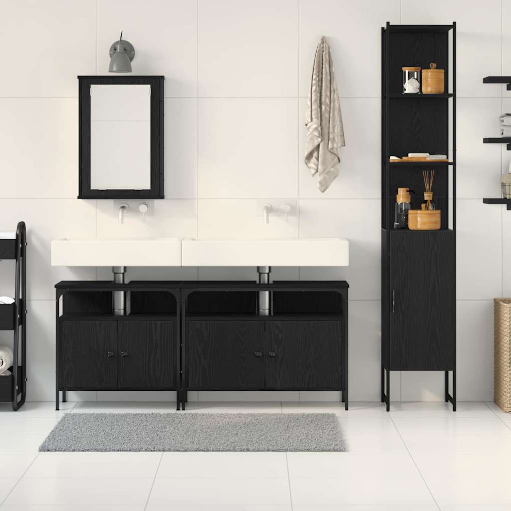 Badkamermeubelset met plank 4 pcs Zwart Eiken Bewerkt hout is nu te koop bij PeponiXL, paradijselijk wonen!