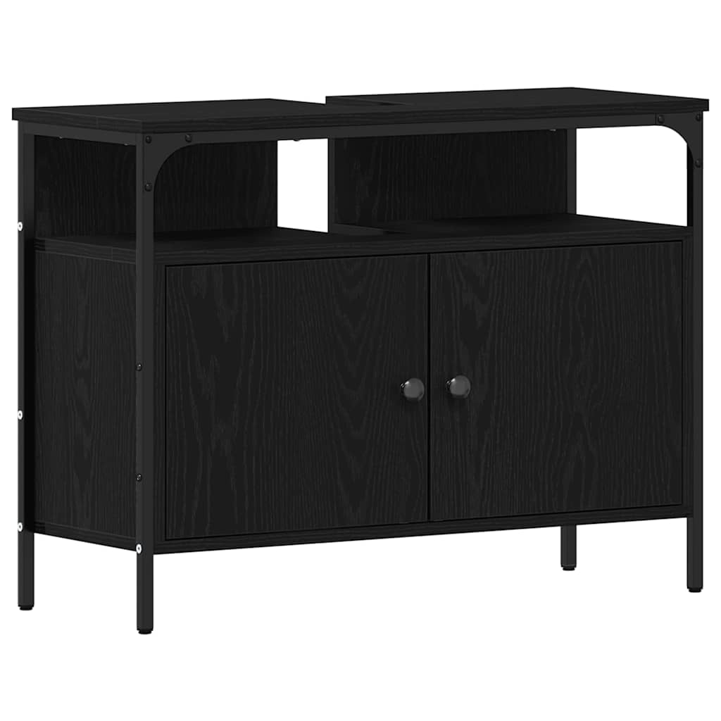Badkamermeubelset met plank 4 pcs Zwart Eiken Bewerkt hout is nu te koop bij PeponiXL, paradijselijk wonen!
