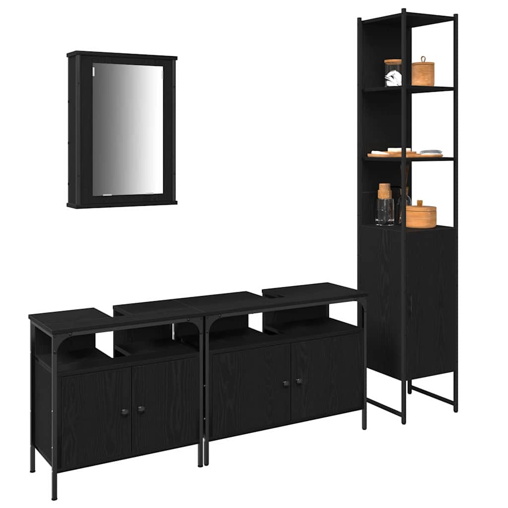 Badkamermeubelset met plank 4 pcs Zwart Eiken Bewerkt hout is nu te koop bij PeponiXL, paradijselijk wonen!