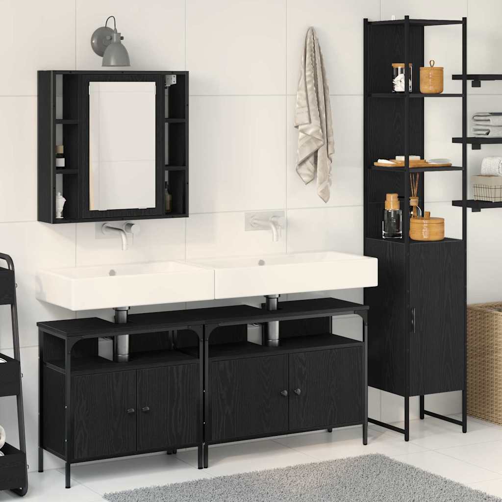 Badkamermeubelset met plank 4 pcs Zwart Eiken Bewerkt hout is nu te koop bij PeponiXL, paradijselijk wonen!