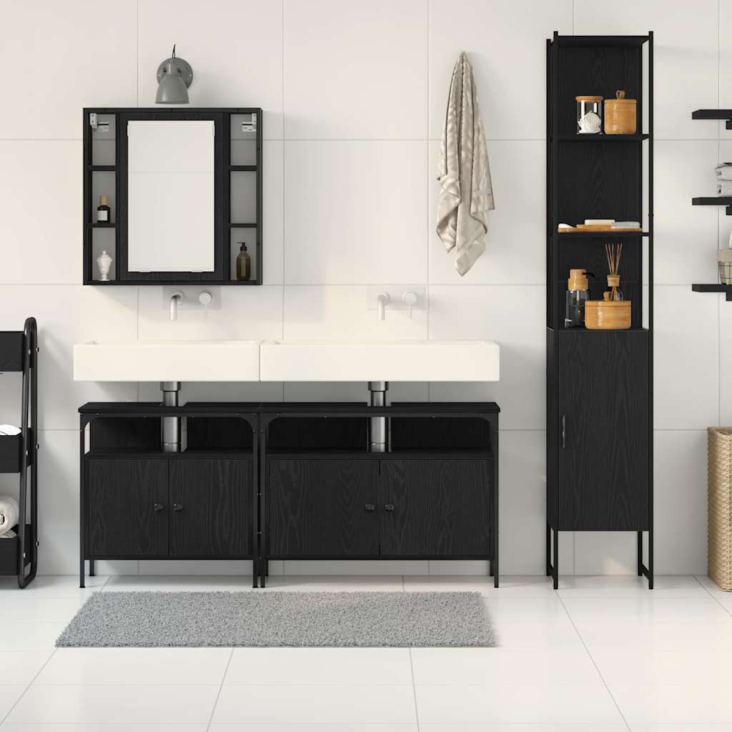 Badkamermeubelset met plank 4 pcs Zwart Eiken Bewerkt hout is nu te koop bij PeponiXL, paradijselijk wonen!