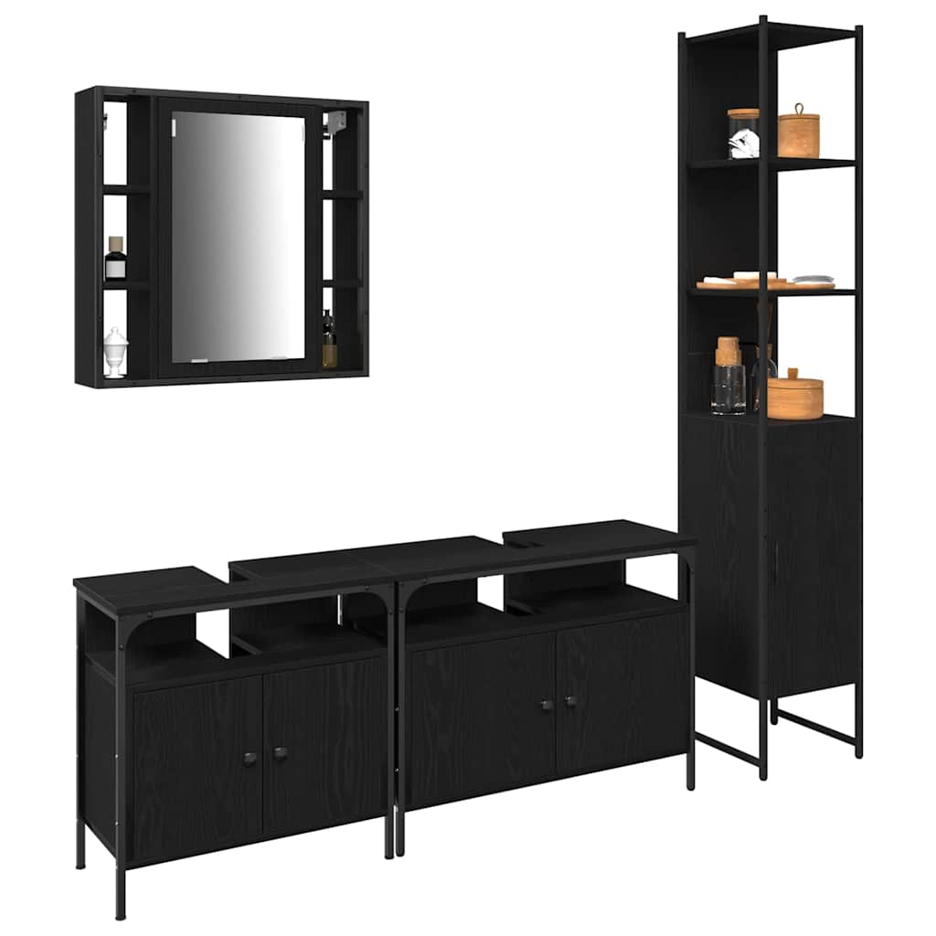 Badkamermeubelset met plank 4 pcs Zwart Eiken Bewerkt hout is nu te koop bij PeponiXL, paradijselijk wonen!