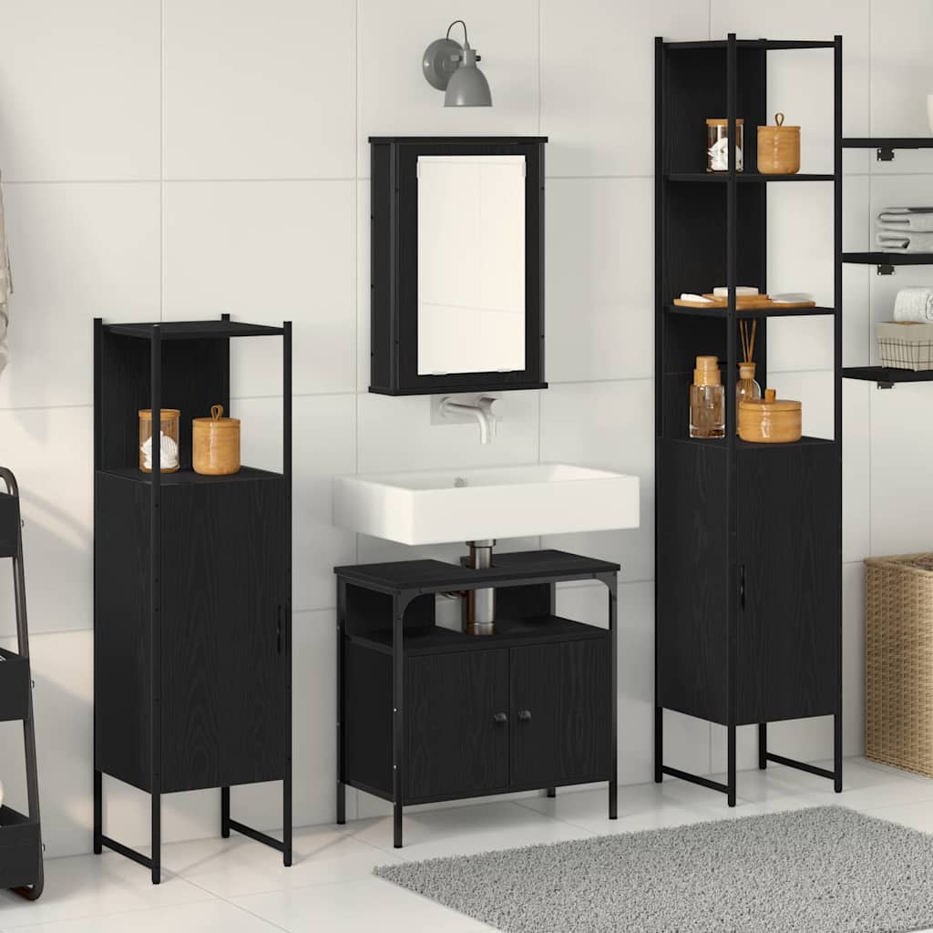 Badkamermeubelset met plank 4 pcs Zwart eiken Bewerkt hout is nu te koop bij PeponiXL, paradijselijk wonen!
