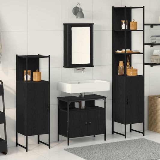 Badkamermeubelset met plank 4 pcs Zwart eiken Bewerkt hout is nu te koop bij PeponiXL, paradijselijk wonen!
