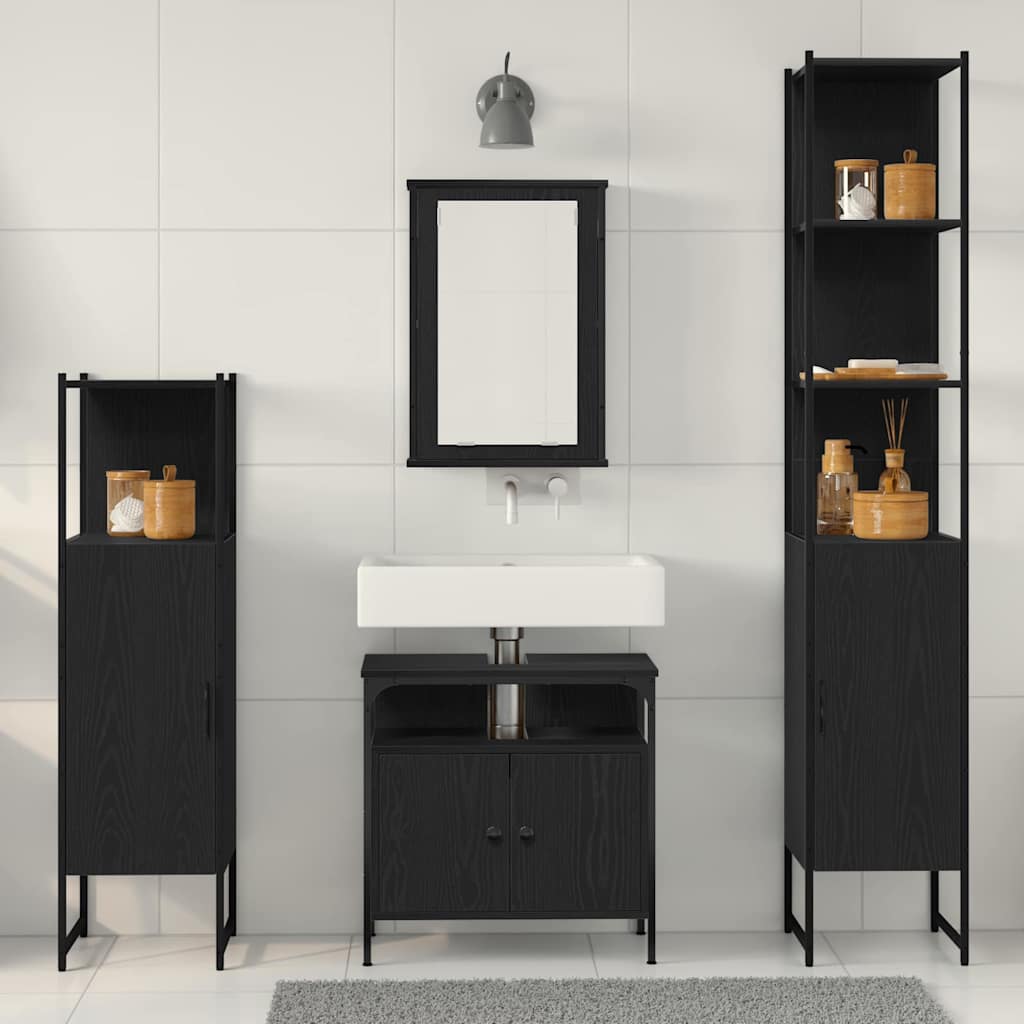 Badkamermeubelset met plank 4 pcs Zwart eiken Bewerkt hout is nu te koop bij PeponiXL, paradijselijk wonen!