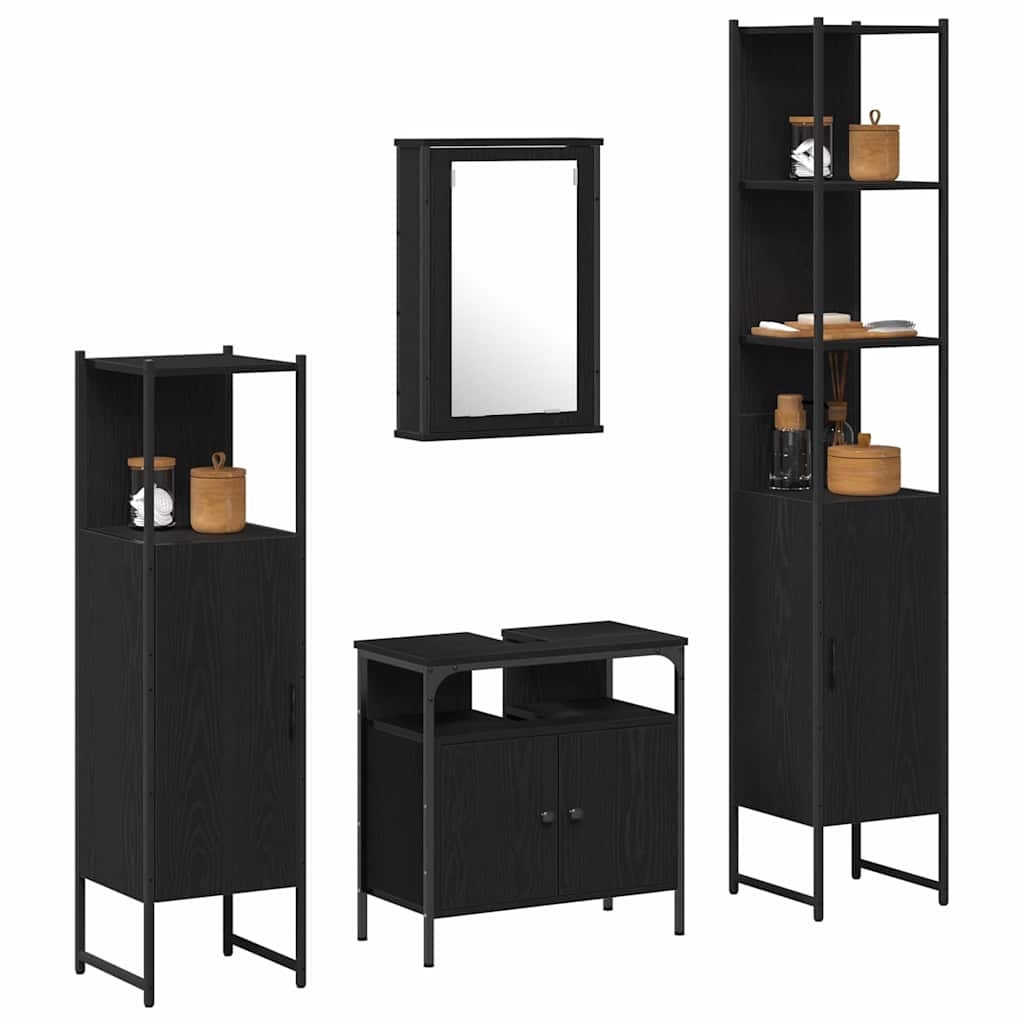 Badkamermeubelset met plank 4 pcs Zwart eiken Bewerkt hout is nu te koop bij PeponiXL, paradijselijk wonen!