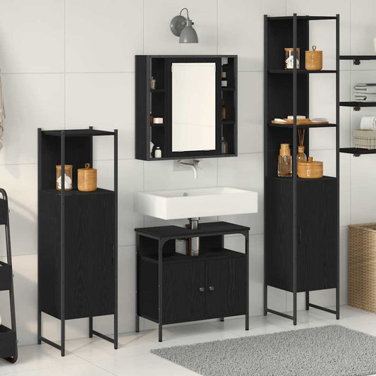 Badkamermeubelset met plank 4 pcs Zwart Eiken Bewerkt hout is nu te koop bij PeponiXL, paradijselijk wonen!