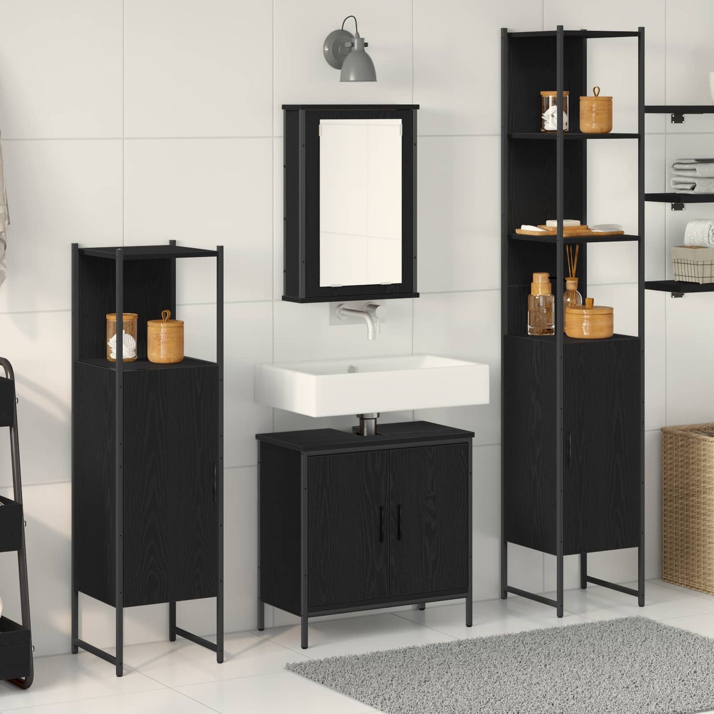 Badkamermeubelset met plank met opslag 4 pcs Zwart Bewerkt hout is nu te koop bij PeponiXL, paradijselijk wonen!