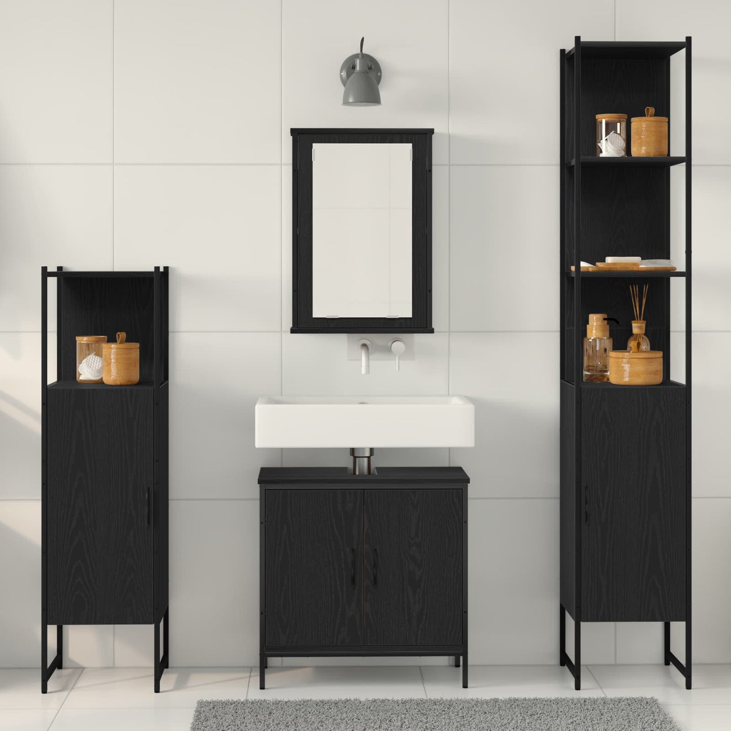 Badkamermeubelset met plank met opslag 4 pcs Zwart Bewerkt hout is nu te koop bij PeponiXL, paradijselijk wonen!