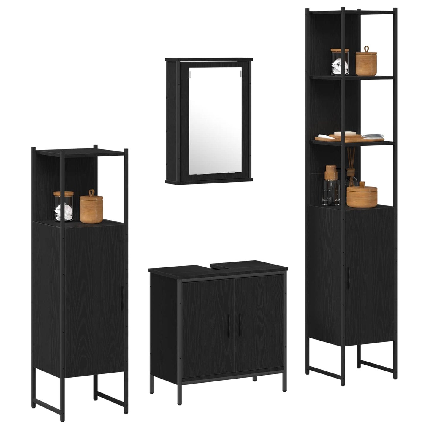 Badkamermeubelset met plank met opslag 4 pcs Zwart Bewerkt hout is nu te koop bij PeponiXL, paradijselijk wonen!
