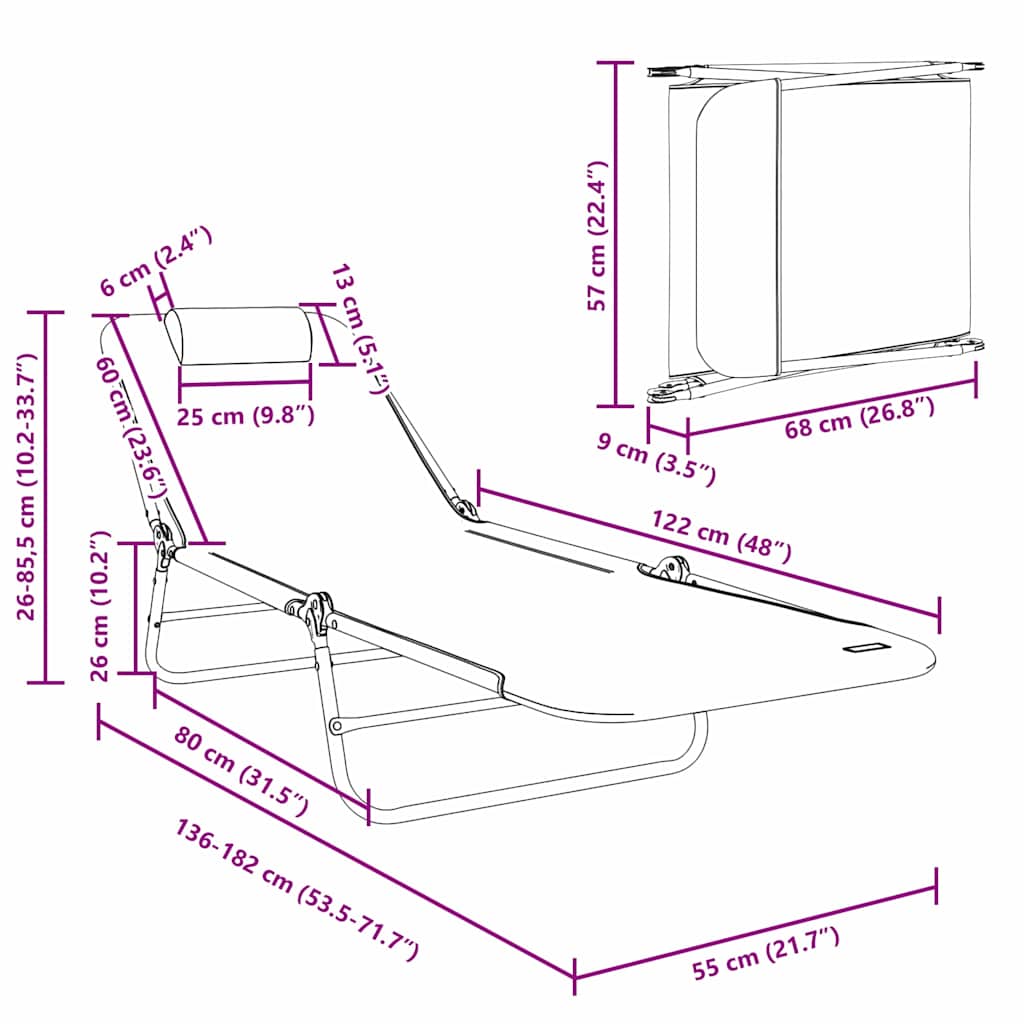 Opvouwbare zonnebed Grijs 182 x 55 x 85,5 cm Textileen is nu te koop bij PeponiXL, paradijselijk wonen!