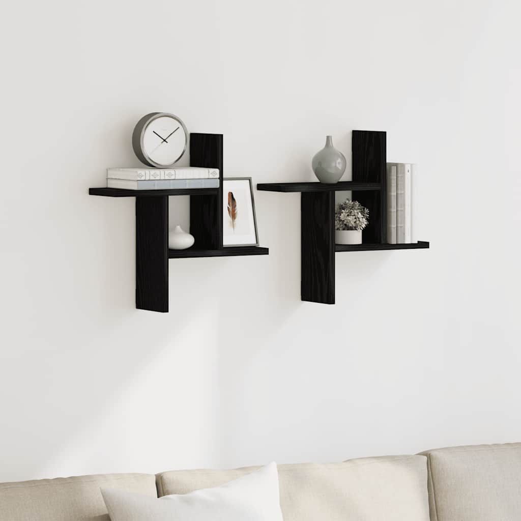 Wandplanken 2 stuks Zwart Eiken 38x12x38 cm Bewerkt Hout is nu te koop bij PeponiXL, paradijselijk wonen!
