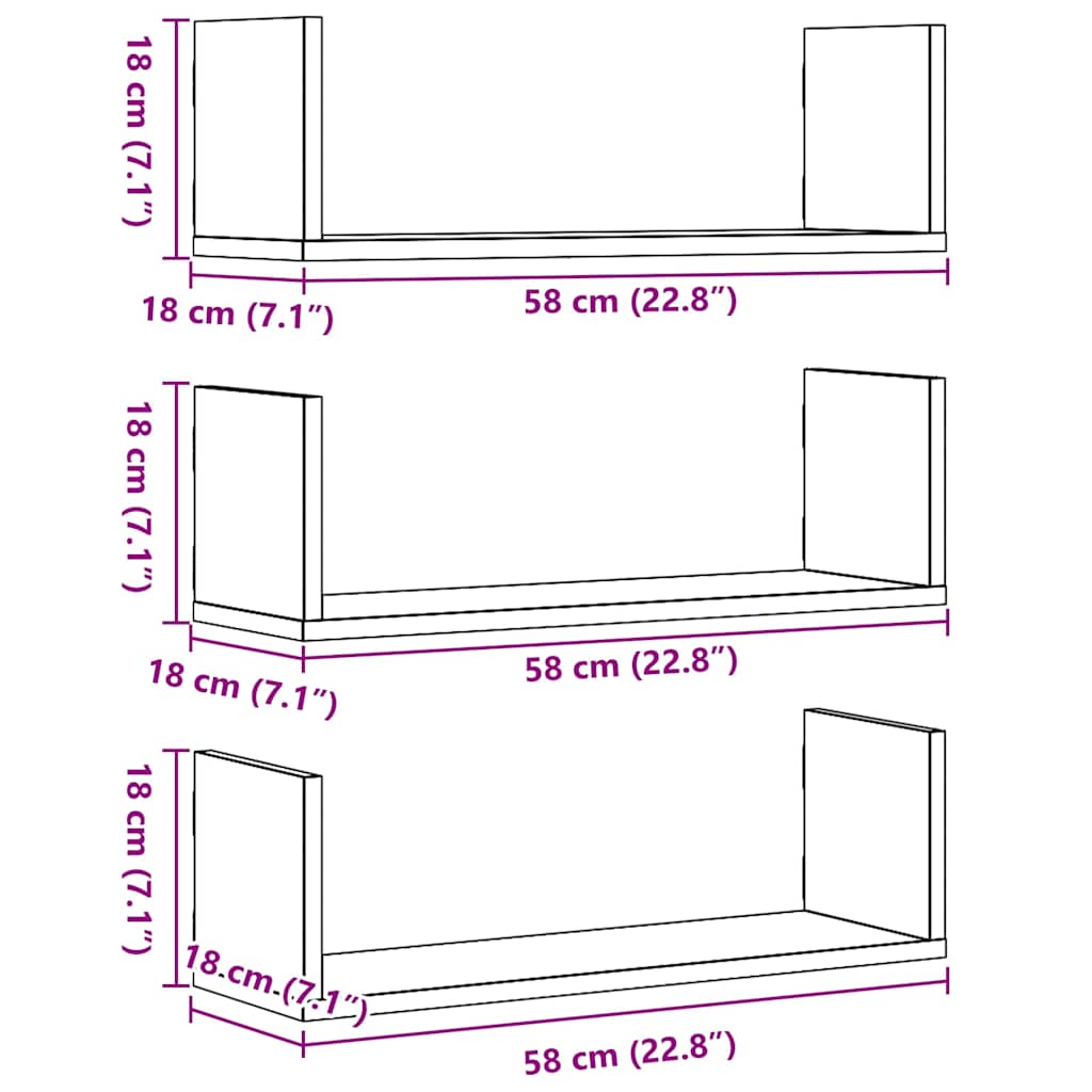 Wandplanken 3 stuks Zwarte Eiken 58x18x18 cm Bewerkt Hout is nu te koop bij PeponiXL, paradijselijk wonen!