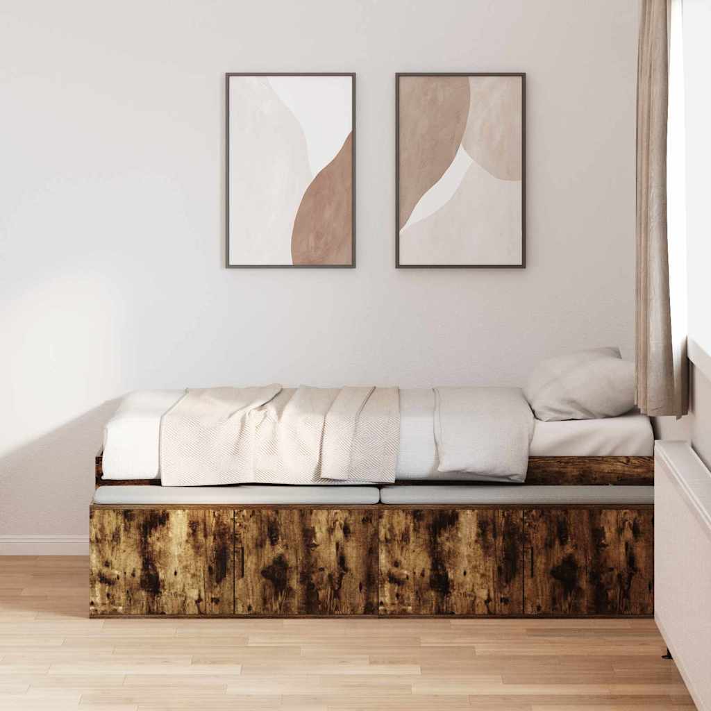 Bedframe met lade Gerookt eiken 100 x 200 cm Bewerkt hout is nu te koop bij PeponiXL, paradijselijk wonen!