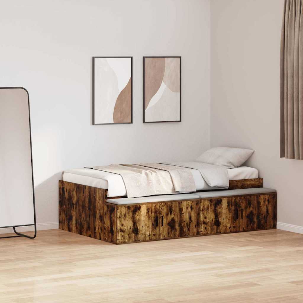 Bedframe met lade Gerookt eiken 100 x 200 cm Bewerkt hout is nu te koop bij PeponiXL, paradijselijk wonen!