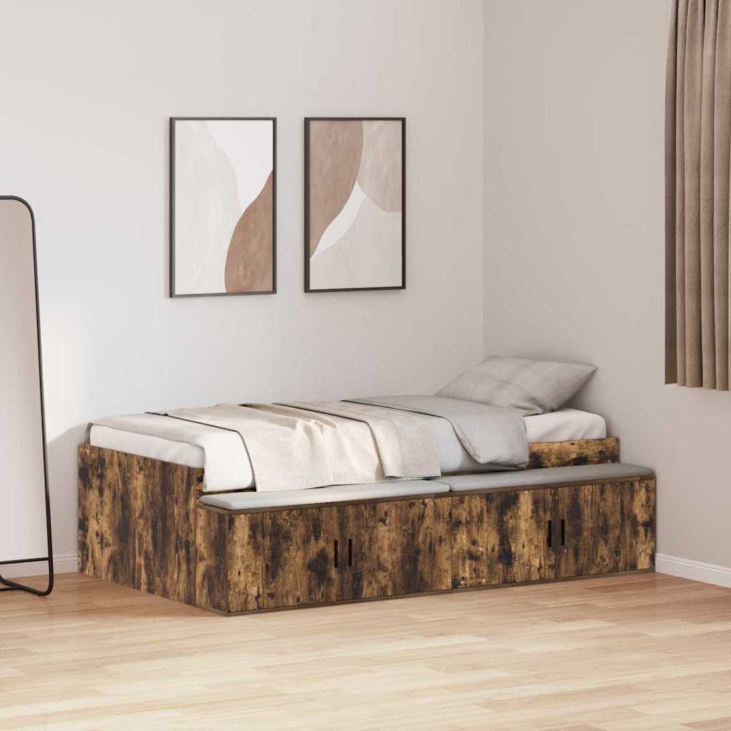 Bedframe met lade Gerookt eiken 90 x 200 cm Bewerkt hout is nu te koop bij PeponiXL, paradijselijk wonen!