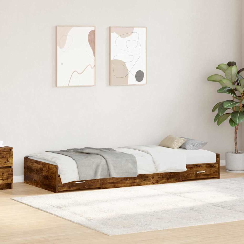 Bedframe met hoofdeinde Gerookt eiken 90 x 200 cm Bewerkt hout is nu te koop bij PeponiXL, paradijselijk wonen!