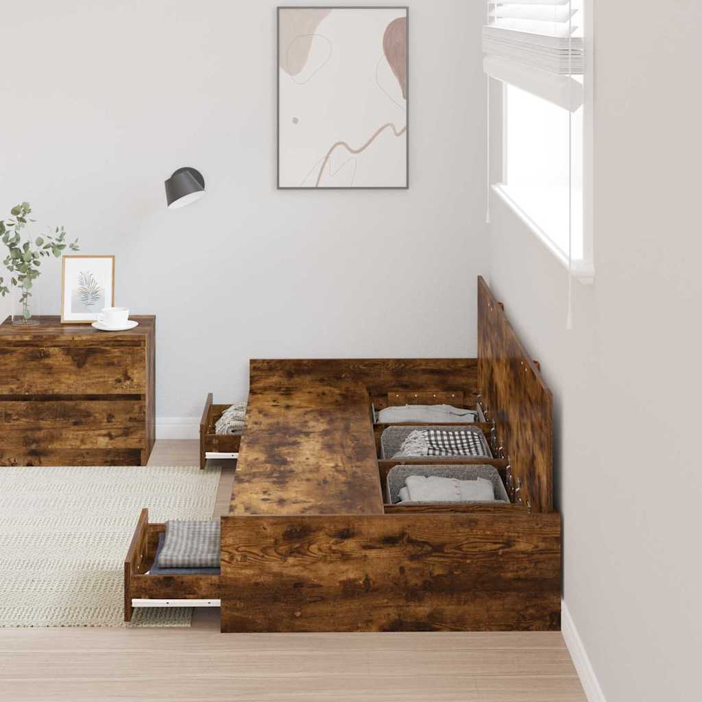 Bedframe met hoofdeinde Gerookt eiken 90 x 200 cm Bewerkt hout is nu te koop bij PeponiXL, paradijselijk wonen!