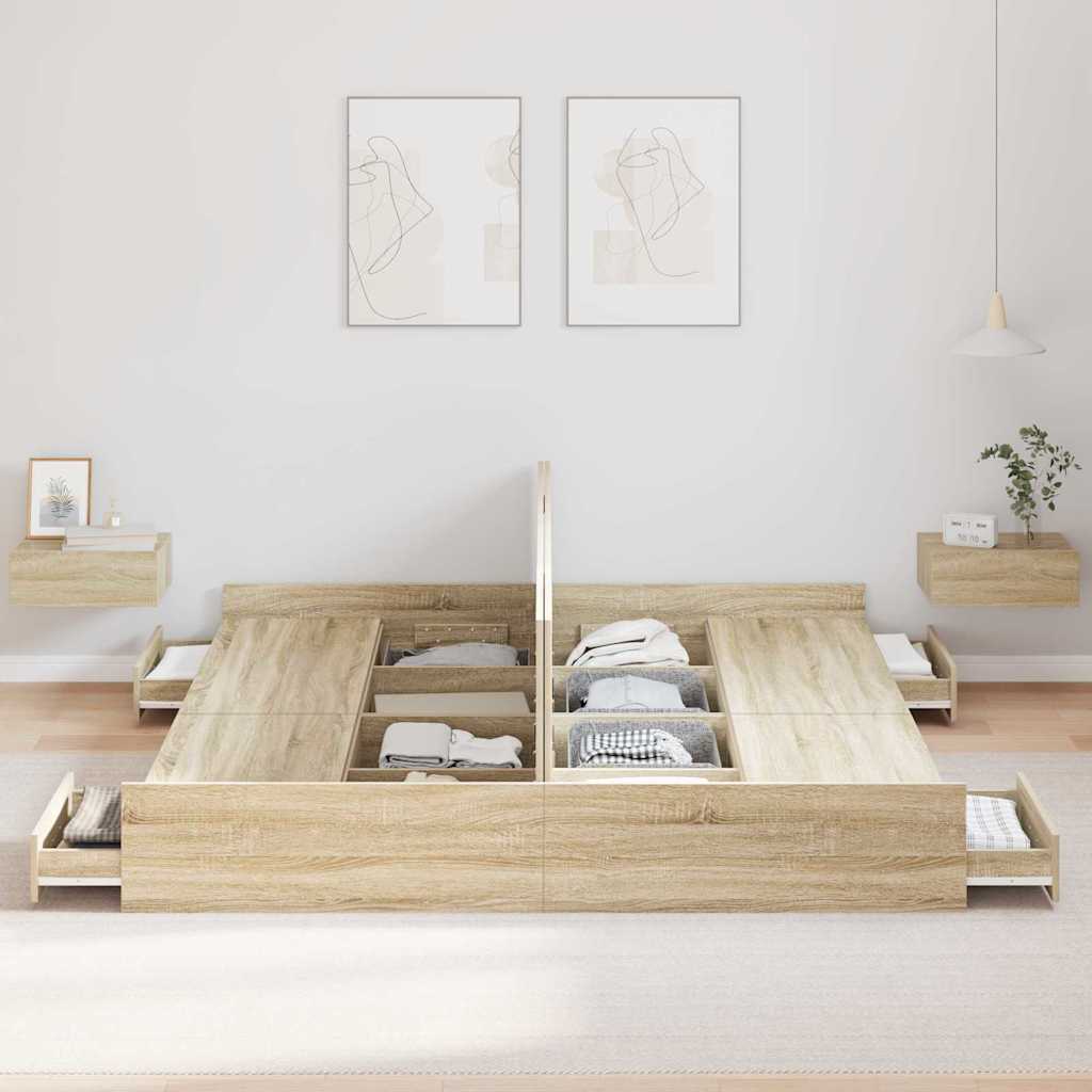 Opbergbedframe met lade Sonoma Eiken 200 x 200 cm Bewerkt hout is nu te koop bij PeponiXL, paradijselijk wonen!