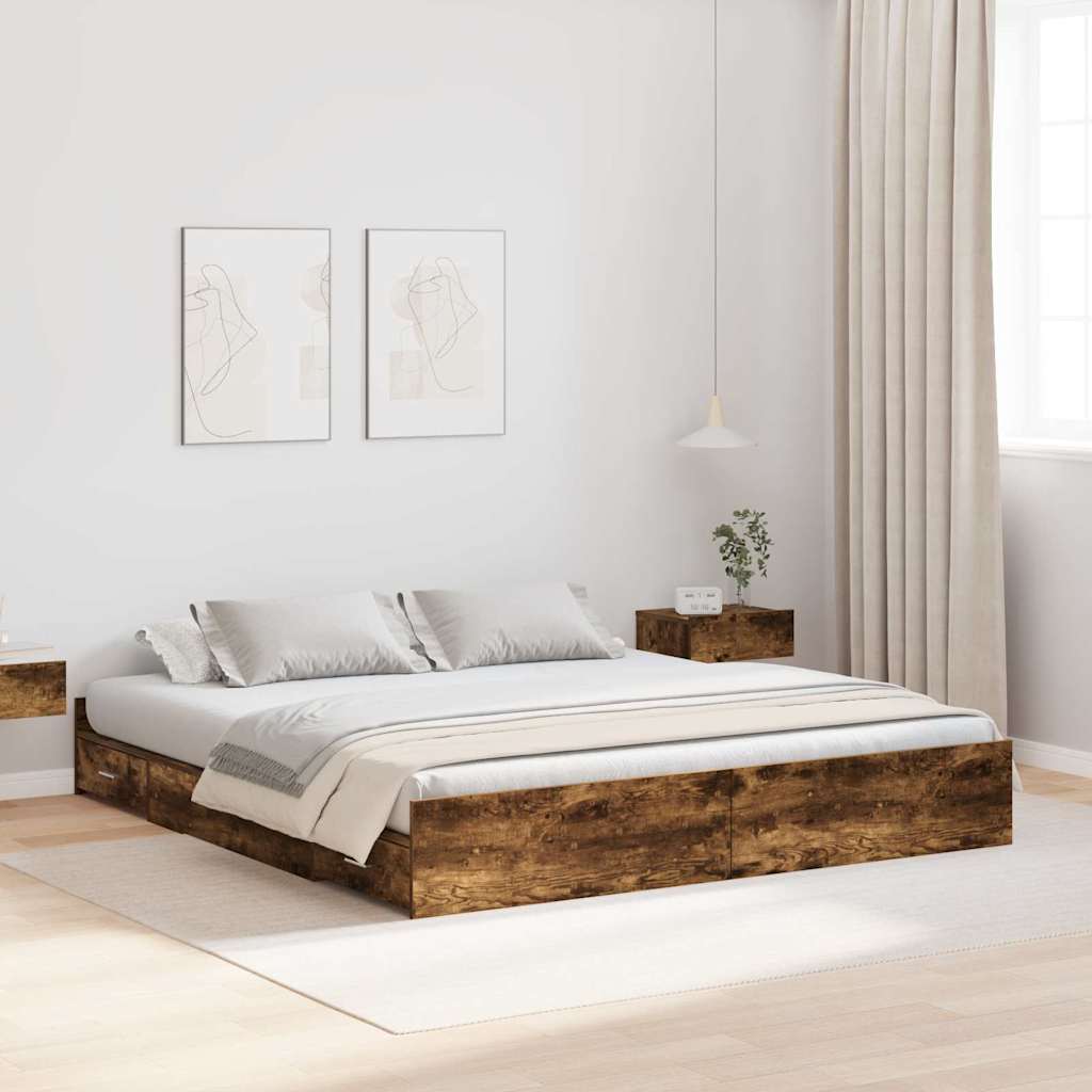 Opbergbedframe met lade Gerookt eiken 200 x 200 cm Bewerkt hout is nu te koop bij PeponiXL, paradijselijk wonen!