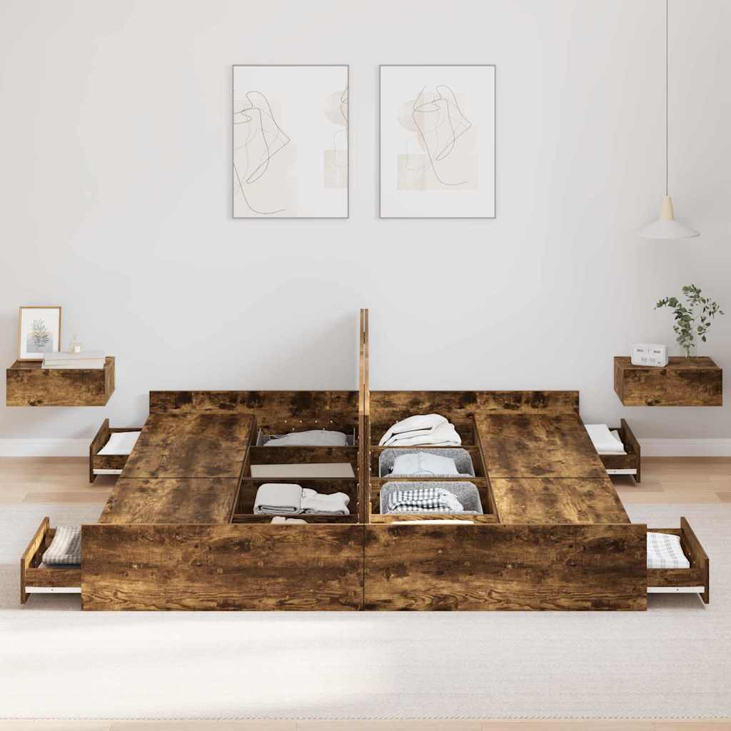 Opbergbedframe met lade Gerookt eiken 200 x 200 cm Bewerkt hout is nu te koop bij PeponiXL, paradijselijk wonen!