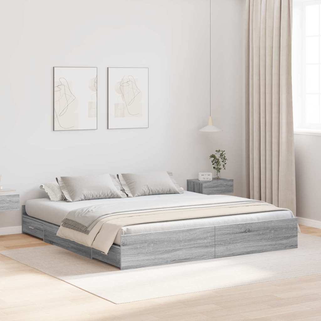 Opbergbedframe met lade Grijs Sonoma 200 x 200 cm Bewerkt hout is nu te koop bij PeponiXL, paradijselijk wonen!