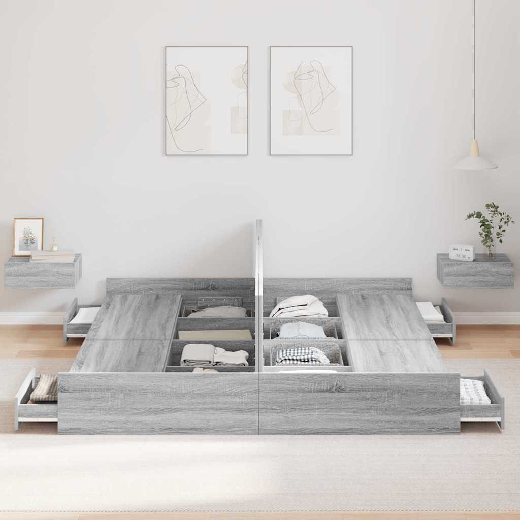 Opbergbedframe met lade Grijs Sonoma 200 x 200 cm Bewerkt hout is nu te koop bij PeponiXL, paradijselijk wonen!