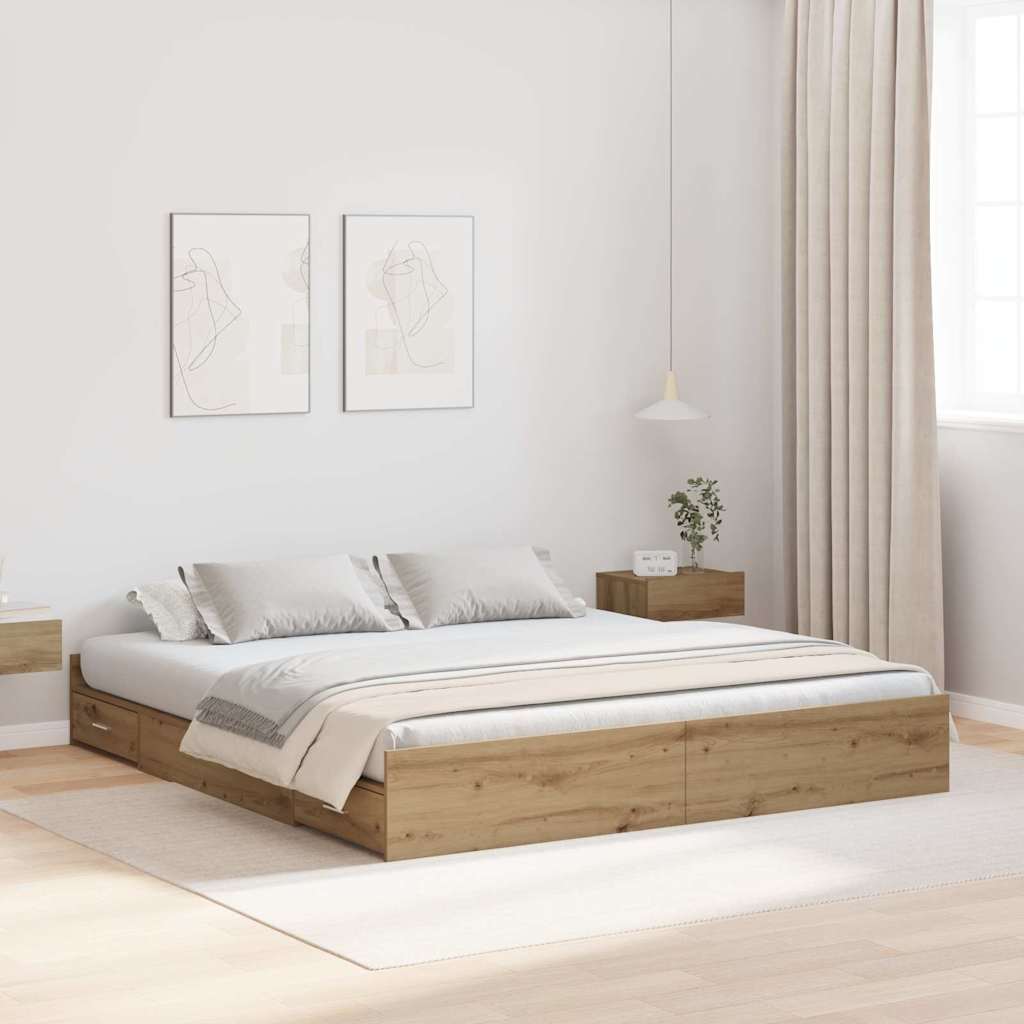Opbergbedframe met lade Artisan Eiken 200 x 200 cm Bewerkt hout is nu te koop bij PeponiXL, paradijselijk wonen!