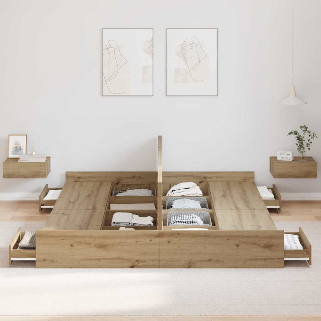 Opbergbedframe met lade Artisan Eiken 200 x 200 cm Bewerkt hout is nu te koop bij PeponiXL, paradijselijk wonen!
