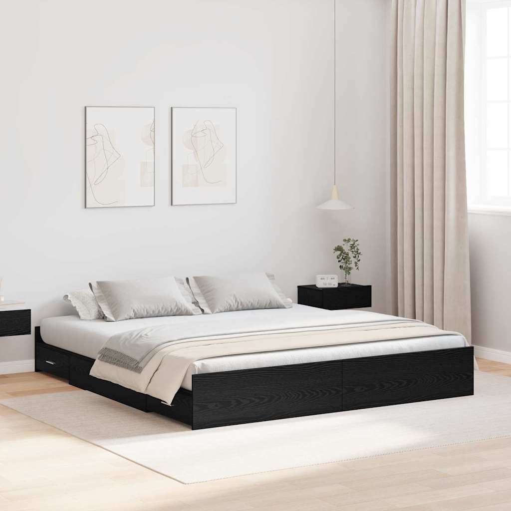 Opbergbedframe met lade Zwart Eiken 180 x 200 cm Bewerkt hout is nu te koop bij PeponiXL, paradijselijk wonen!