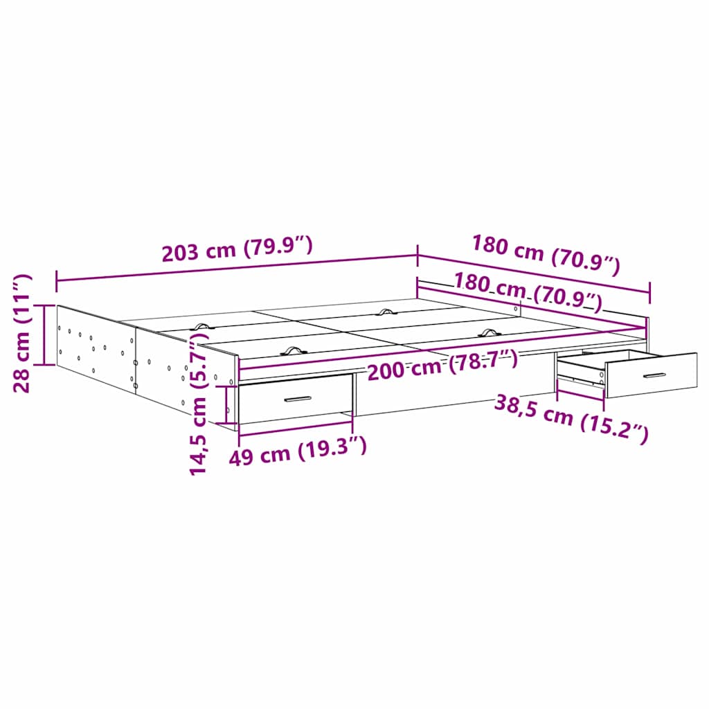 Opbergbedframe met lade Zwart Eiken 180 x 200 cm Bewerkt hout is nu te koop bij PeponiXL, paradijselijk wonen!
