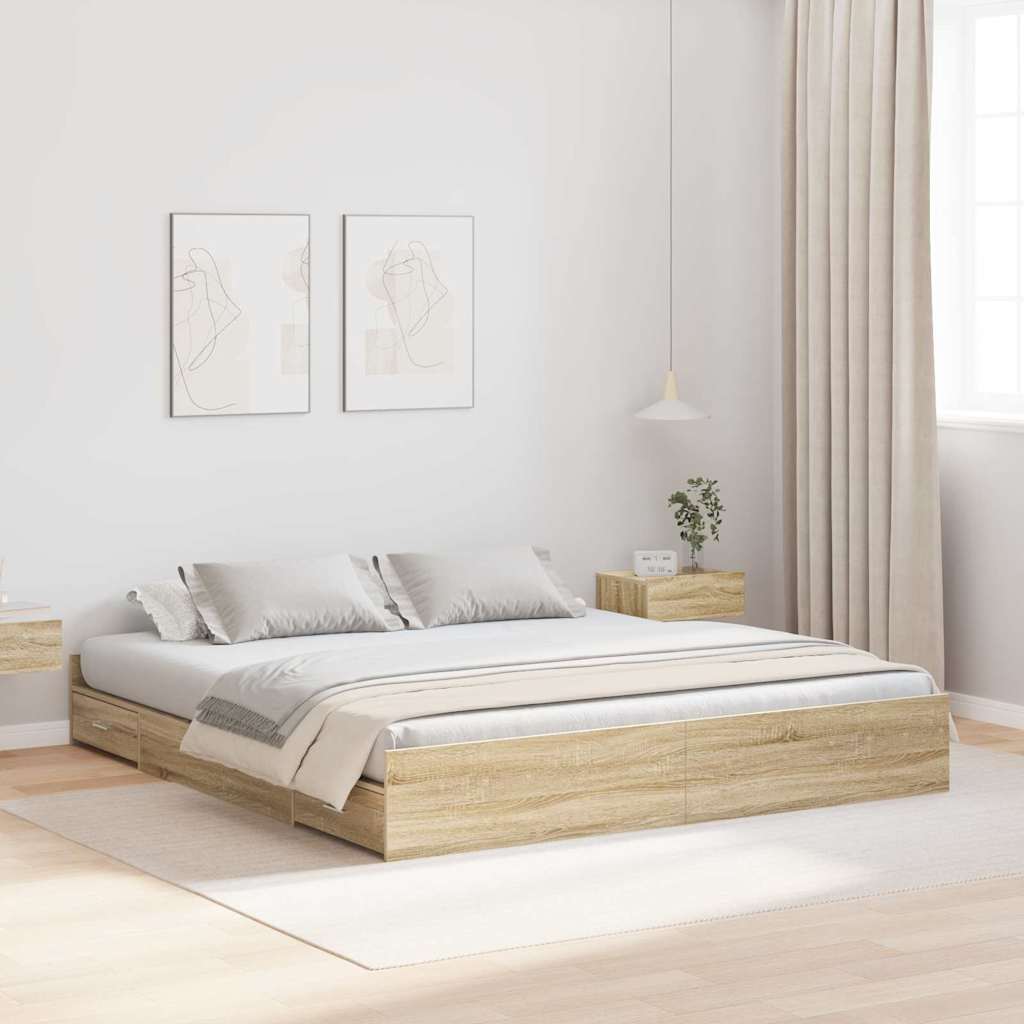 Opbergbedframe met lade Sonoma Eiken 180 x 200 cm Bewerkt hout is nu te koop bij PeponiXL, paradijselijk wonen!