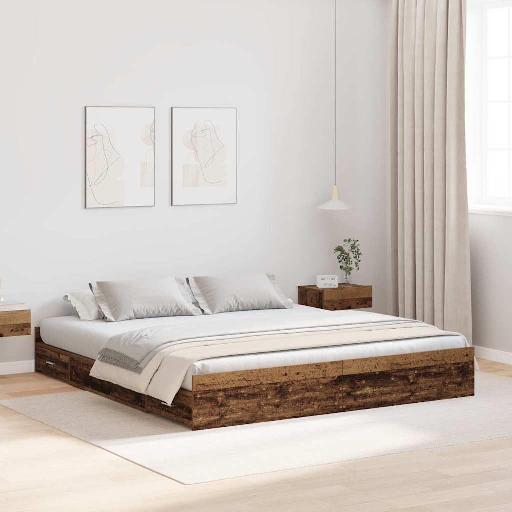 Opbergbedframe met lade Oud Hout 180 x 200 cm Bewerkt hout is nu te koop bij PeponiXL, paradijselijk wonen!