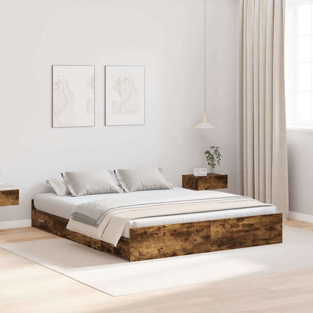 Opbergbedframe met lade Gerookt eiken 160 x 200 cm Bewerkt hout is nu te koop bij PeponiXL, paradijselijk wonen!