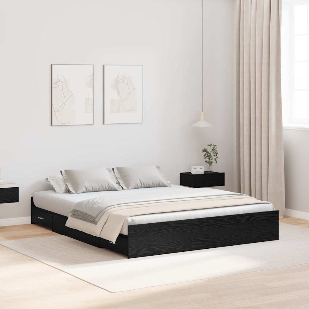 Opbergbedframe met lade Zwart Eiken 150 x 200 cm Bewerkt hout is nu te koop bij PeponiXL, paradijselijk wonen!