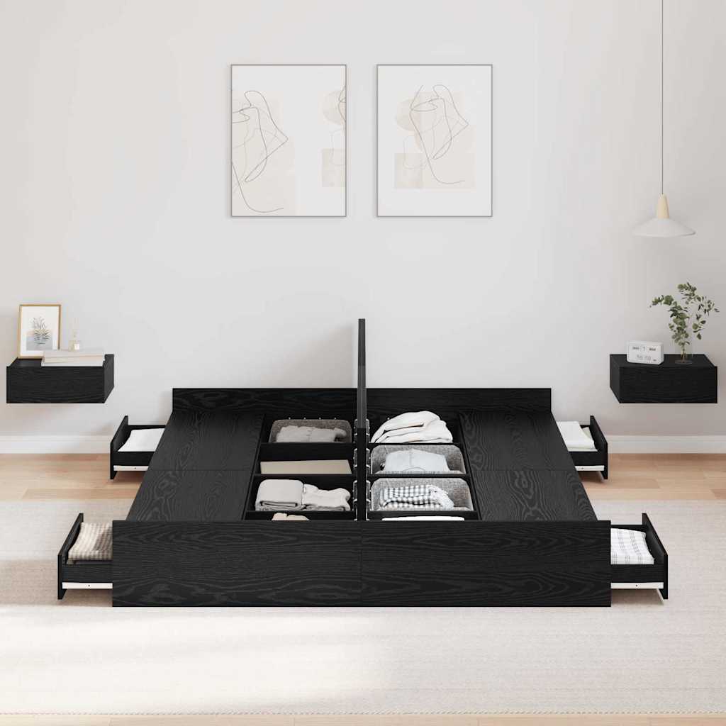 Opbergbedframe met lade Zwart Eiken 150 x 200 cm Bewerkt hout is nu te koop bij PeponiXL, paradijselijk wonen!