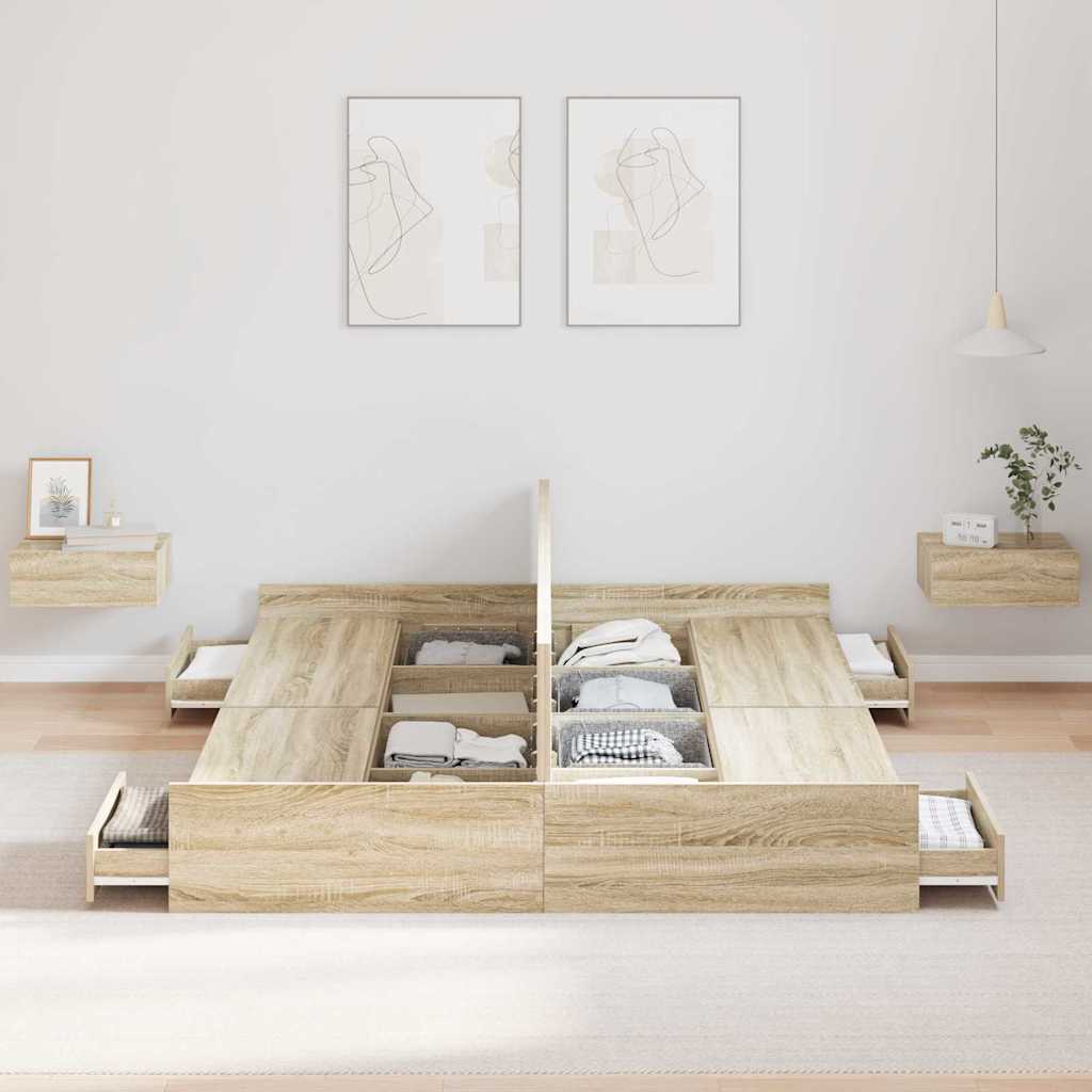 Opbergbedframe met lade Sonoma Eiken 150 x 200 cm Bewerkt hout is nu te koop bij PeponiXL, paradijselijk wonen!