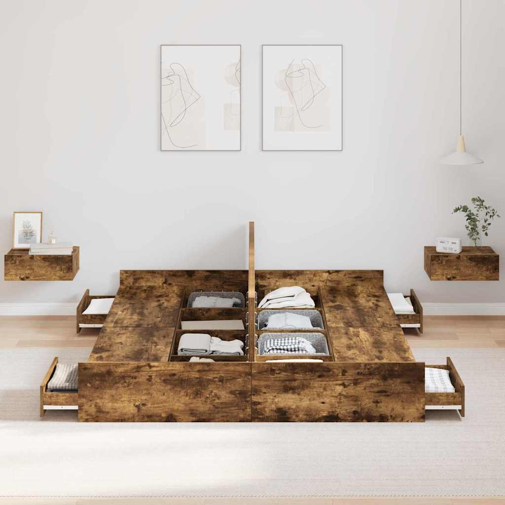 Opbergbedframe met lade Gerookt eiken 150 x 200 cm Bewerkt hout is nu te koop bij PeponiXL, paradijselijk wonen!