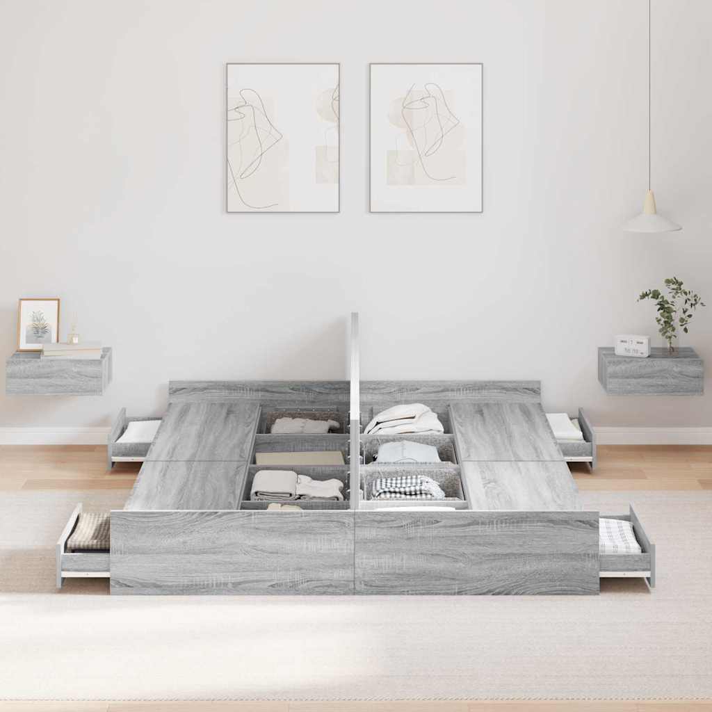 Opbergbedframe met lade Grijs Sonoma 150 x 200 cm Bewerkt hout is nu te koop bij PeponiXL, paradijselijk wonen!