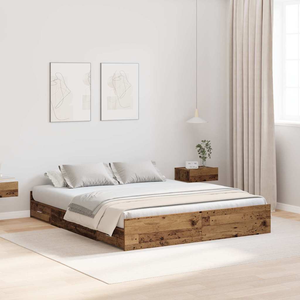 Opbergbedframe met lade Oud Hout 150 x 200 cm Bewerkt hout is nu te koop bij PeponiXL, paradijselijk wonen!