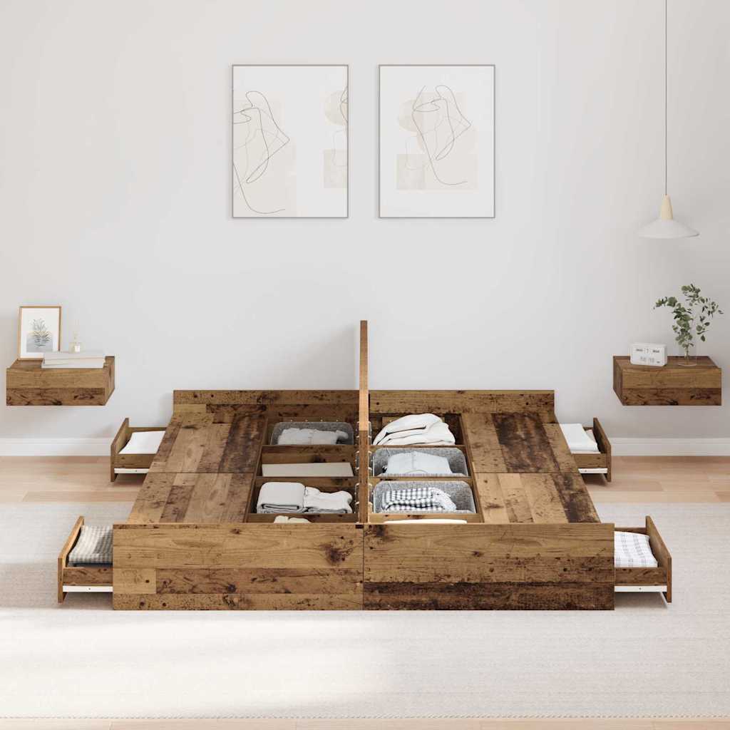 Opbergbedframe met lade Oud Hout 150 x 200 cm Bewerkt hout is nu te koop bij PeponiXL, paradijselijk wonen!