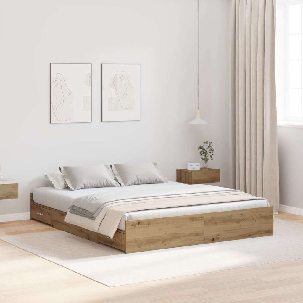 Opbergbedframe met lade Artisan Eiken 150 x 200 cm Bewerkt hout is nu te koop bij PeponiXL, paradijselijk wonen!