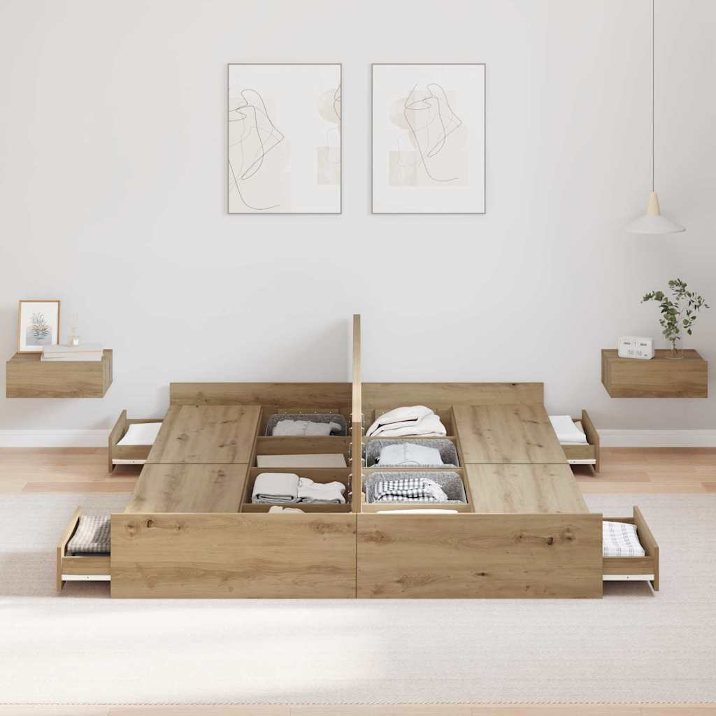 Opbergbedframe met lade Artisan Eiken 150 x 200 cm Bewerkt hout is nu te koop bij PeponiXL, paradijselijk wonen!