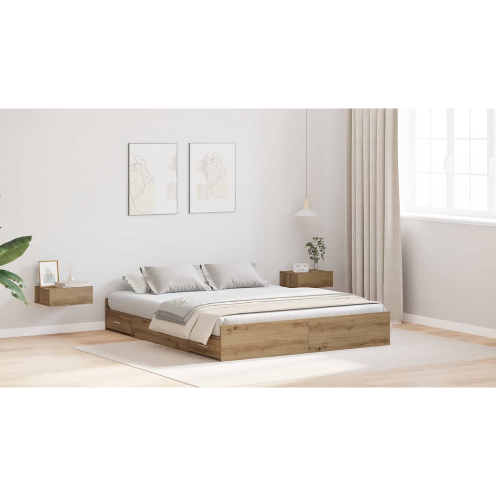 Opbergbedframe met lade Artisan Eiken 150 x 200 cm Bewerkt hout is nu te koop bij PeponiXL, paradijselijk wonen!