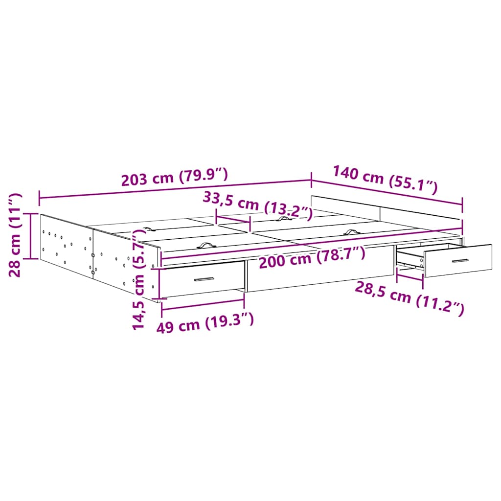 Opbergbedframe met lade Grijs Sonoma 140 x 200 cm Bewerkt hout is nu te koop bij PeponiXL, paradijselijk wonen!