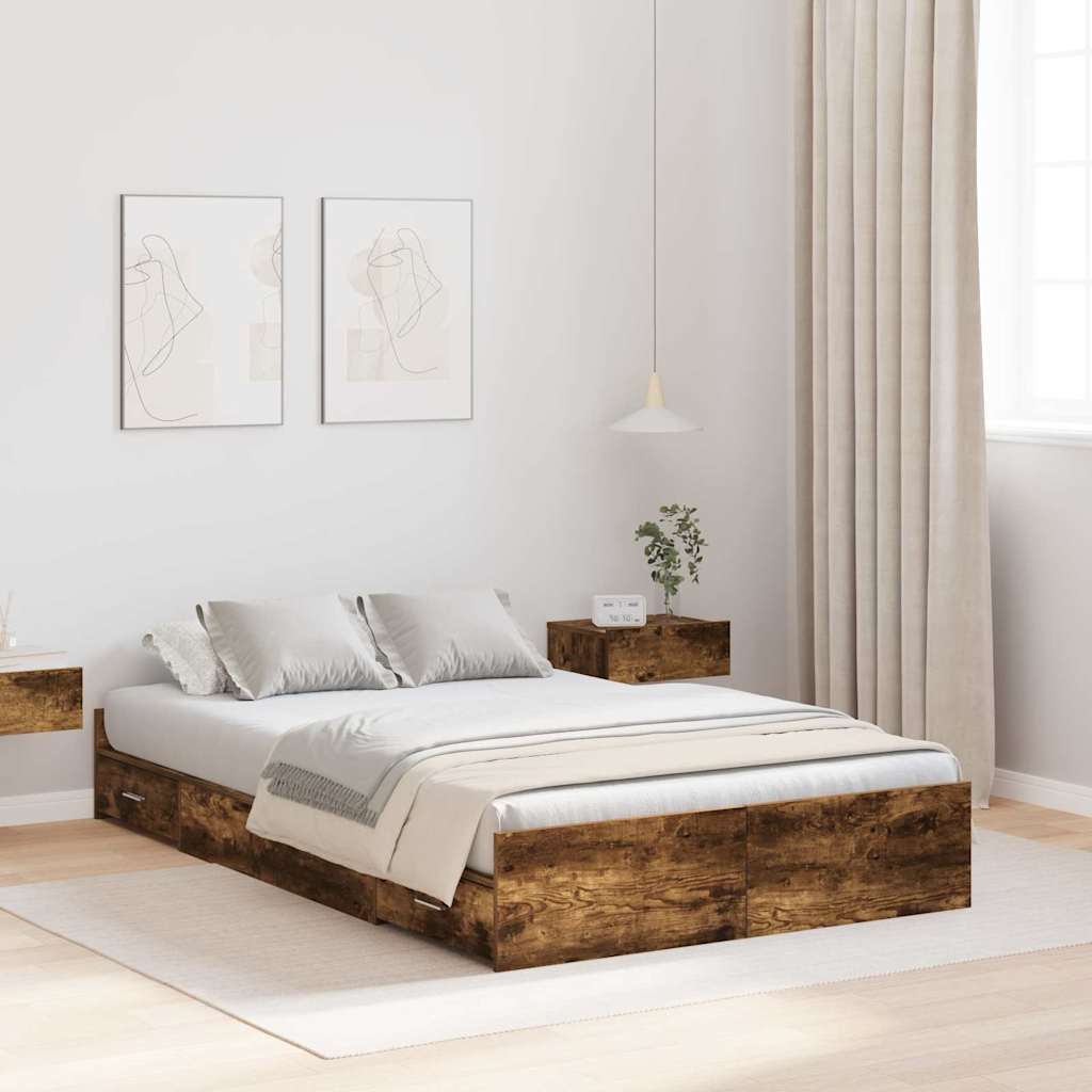 Opbergbedframe met lade Gerookt eiken 120 x 200 cm Bewerkt hout is nu te koop bij PeponiXL, paradijselijk wonen!